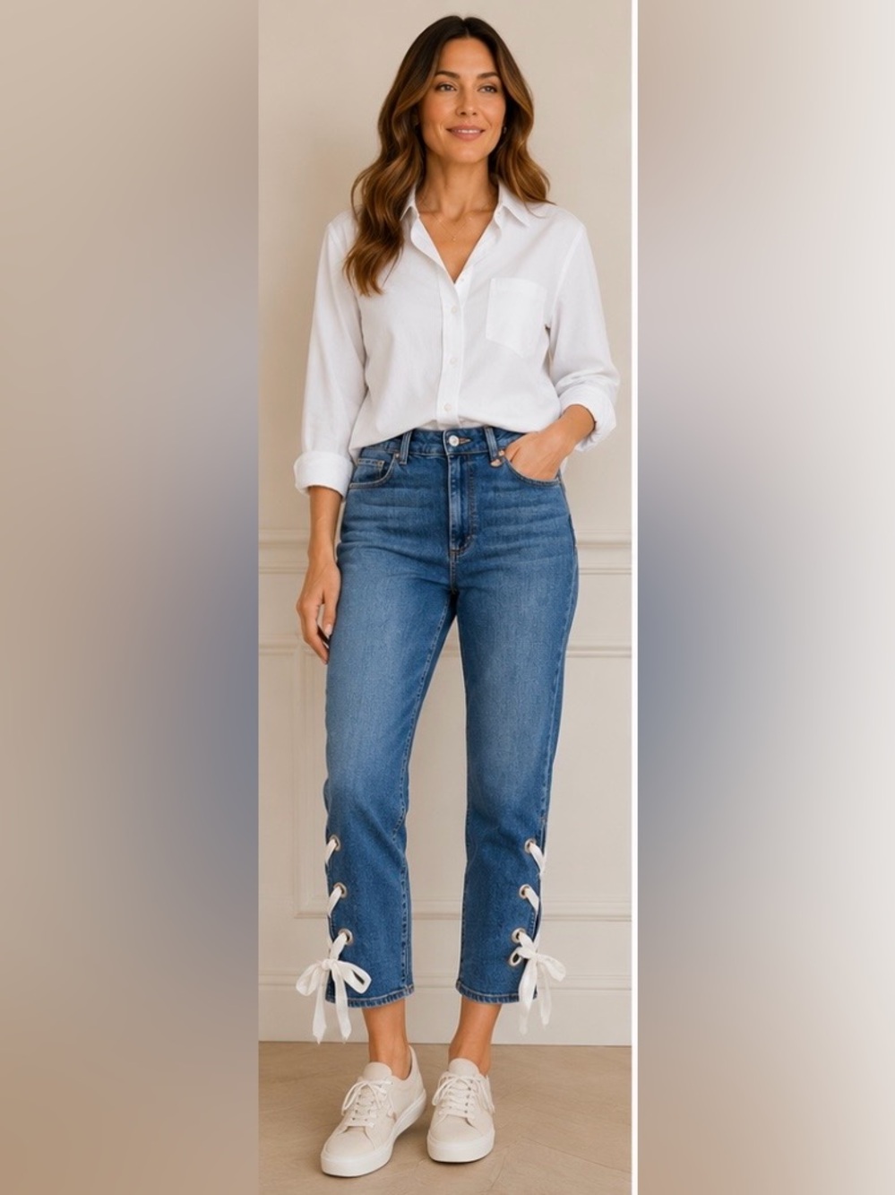 PAIGE Medium Blue High Ride Jeans with White Lace-Up Detail